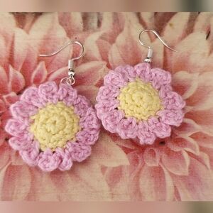 Handcrafted Crochet Pink and Yellow Flower Earrings